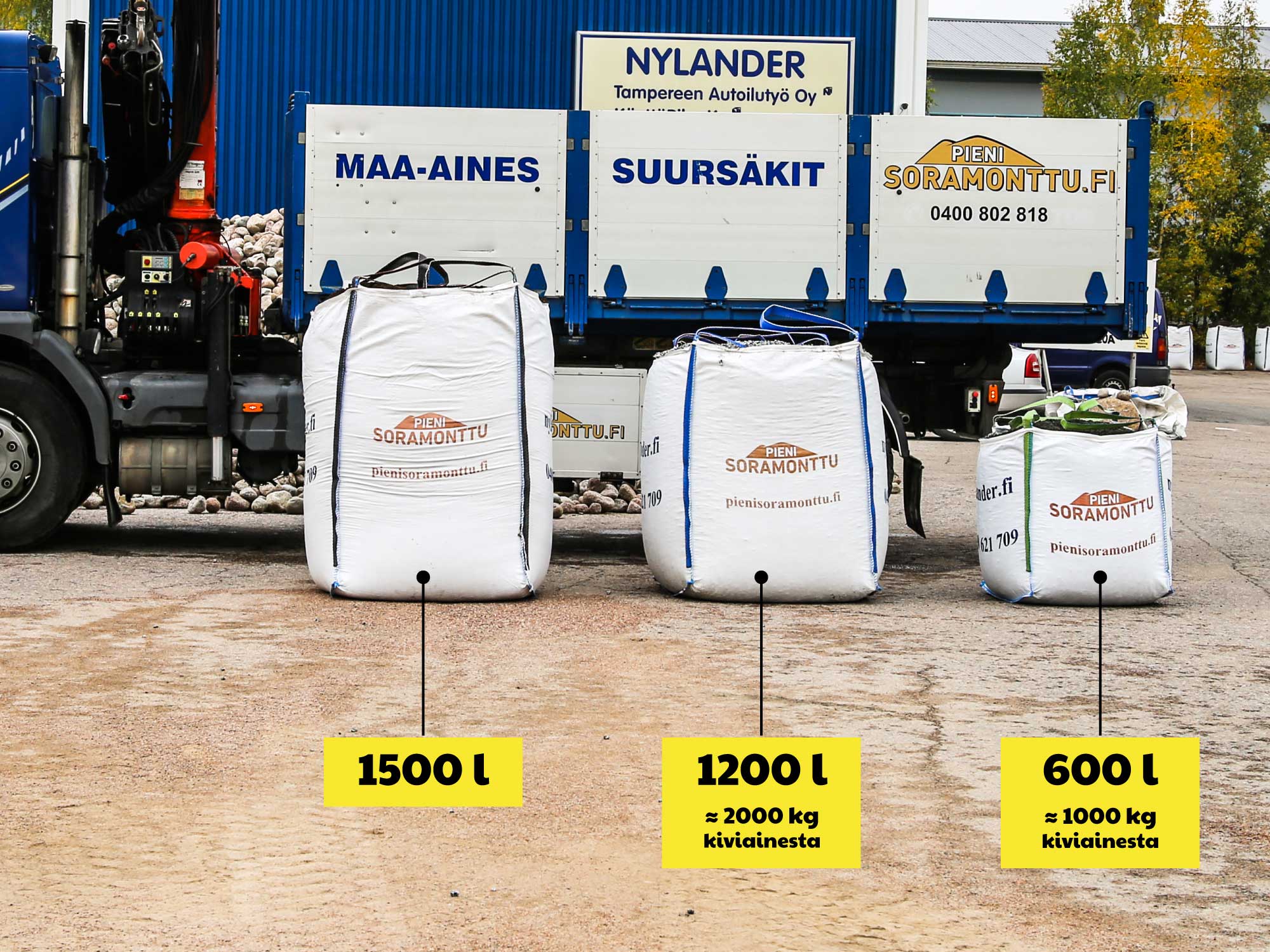 Pieni Soramonttu: Suursäkkien koot ovat 1500, 1200 ja 600 litraa.